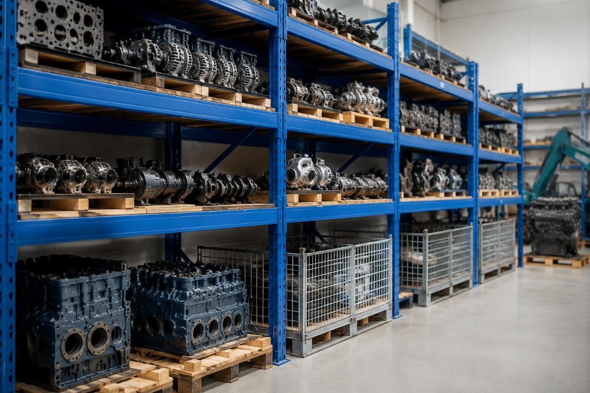 Organized warehouse storage for Kubota excavator engine parts Warehouse inventory shelves stocked with labeled Kubota engine part SKUs