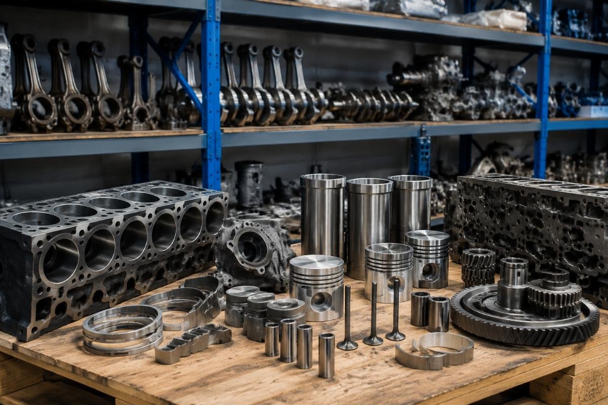 Perkins engine parts inventory Perkins 400 and 1100 series aftermarket engine parts displayed on warehouse shelf
