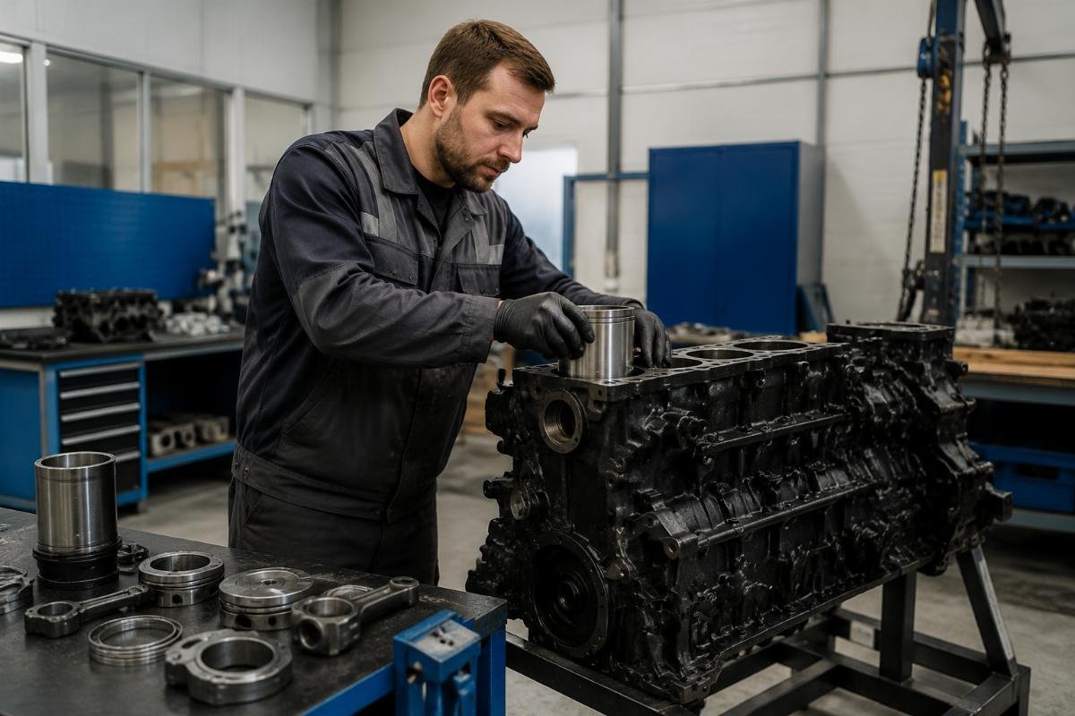 Perkins engine repair workflow Independent repair workshop technician replacing Perkins engine components