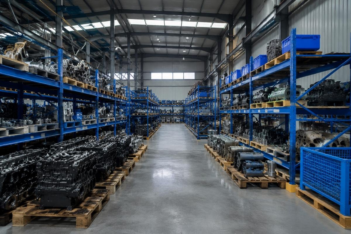 Perkins parts storage facility China-based heavy equipment parts warehouse organized by part category
