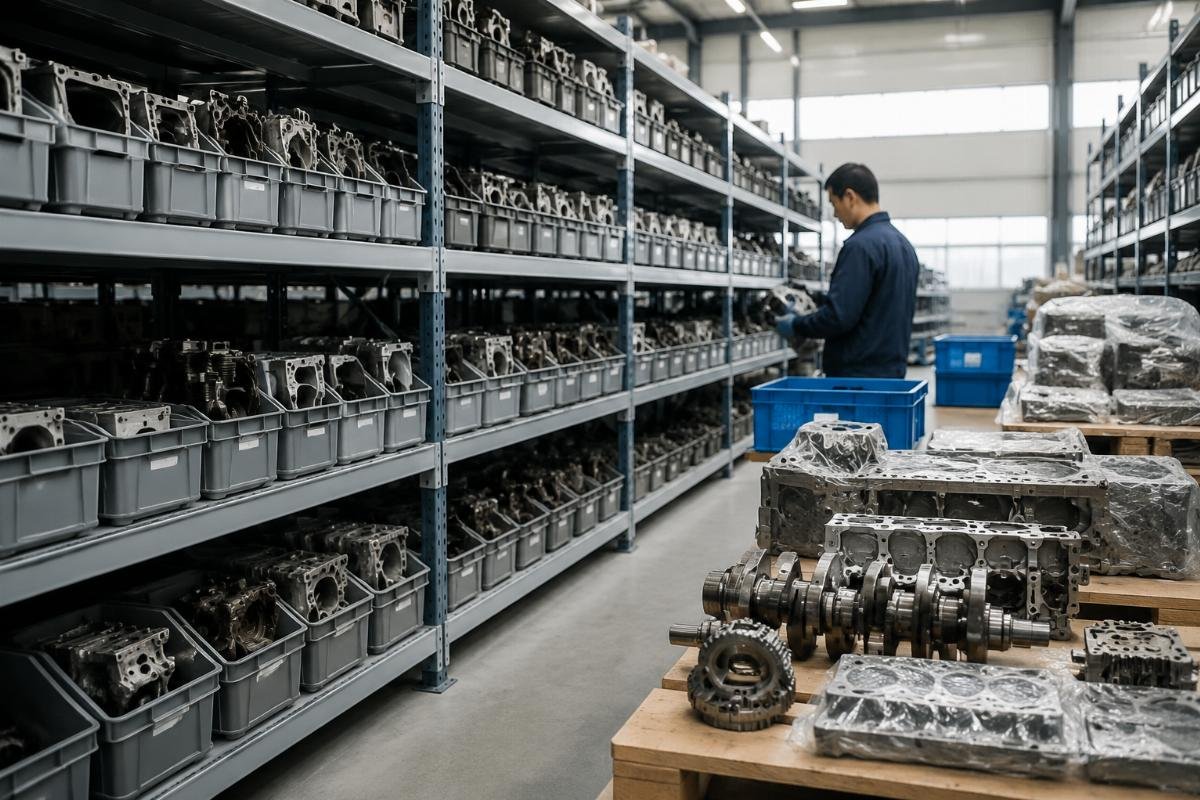 Pre-stocked Deutz TCD and BF4M series parts inventory Warehouse storage rows for heavy duty engine parts with labeled SKU bins