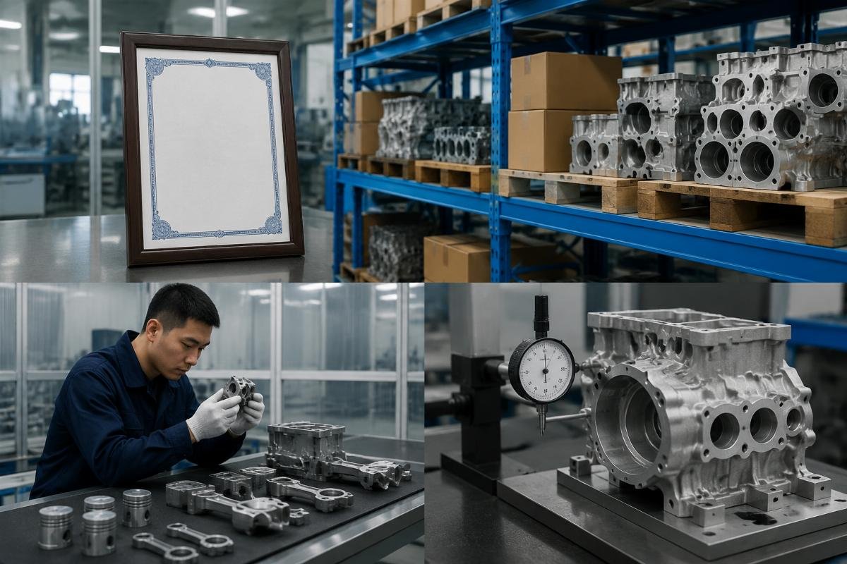 Quality verification steps for Chinese Volvo aftermarket parts Supplier ISO certification document displayed alongside Volvo aftermarket part inventory