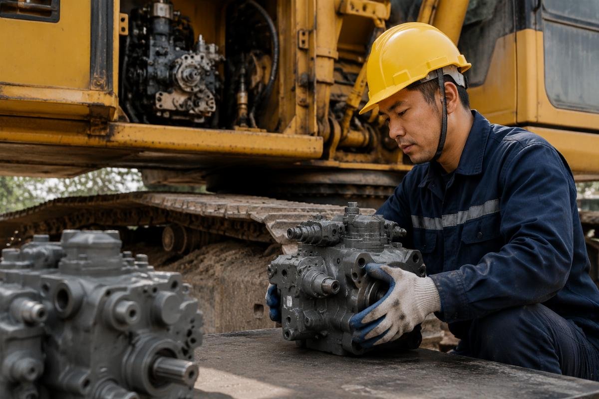 Quick compatibility verification for Komatsu PC200-8 parts Technician verifying Komatsu PC200-8 hydraulic pump compatibility on a job site