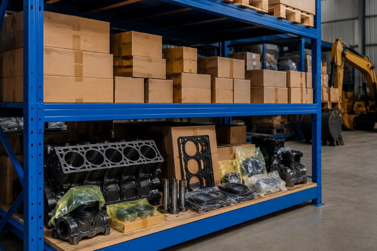 A warehouse shelf holding stacked Case excavator engine and seal kit packages