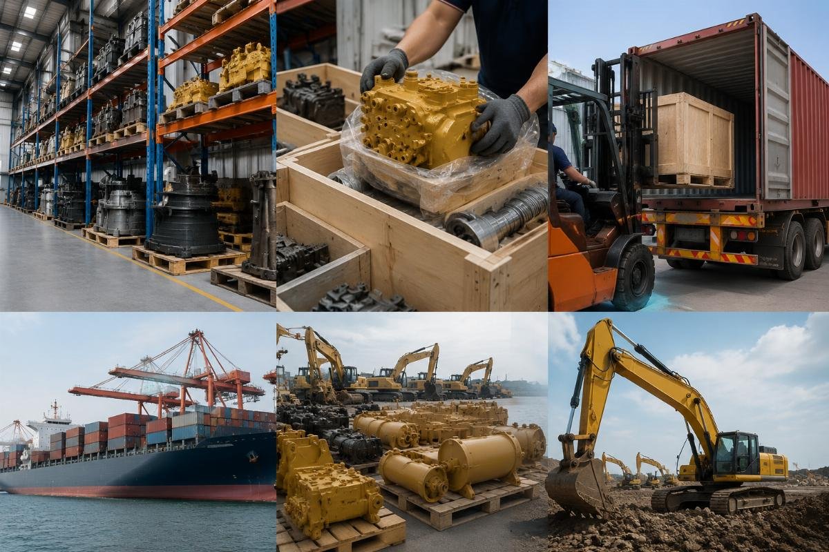 Global excavator parts supply chain workflow from Guangzhou warehouse to international job sites
