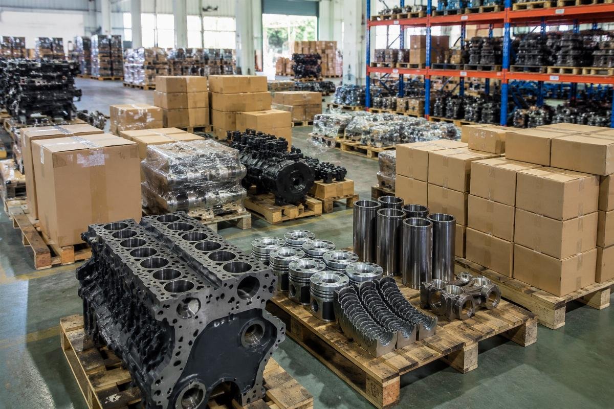 Cummins B3.3 QSB QSL parts stacked in a Guangzhou warehouse ready for dispatch