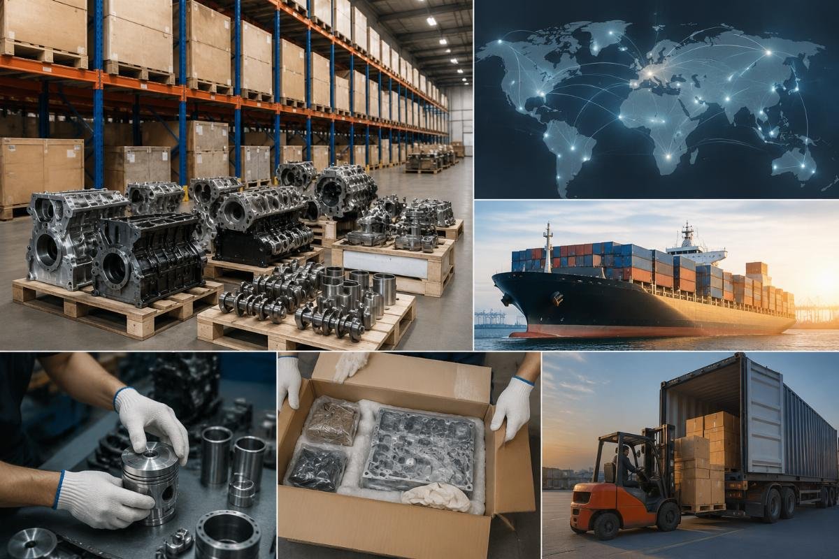 Global construction equipment parts sourcing workflow showing warehouse stock and cross-border delivery routes