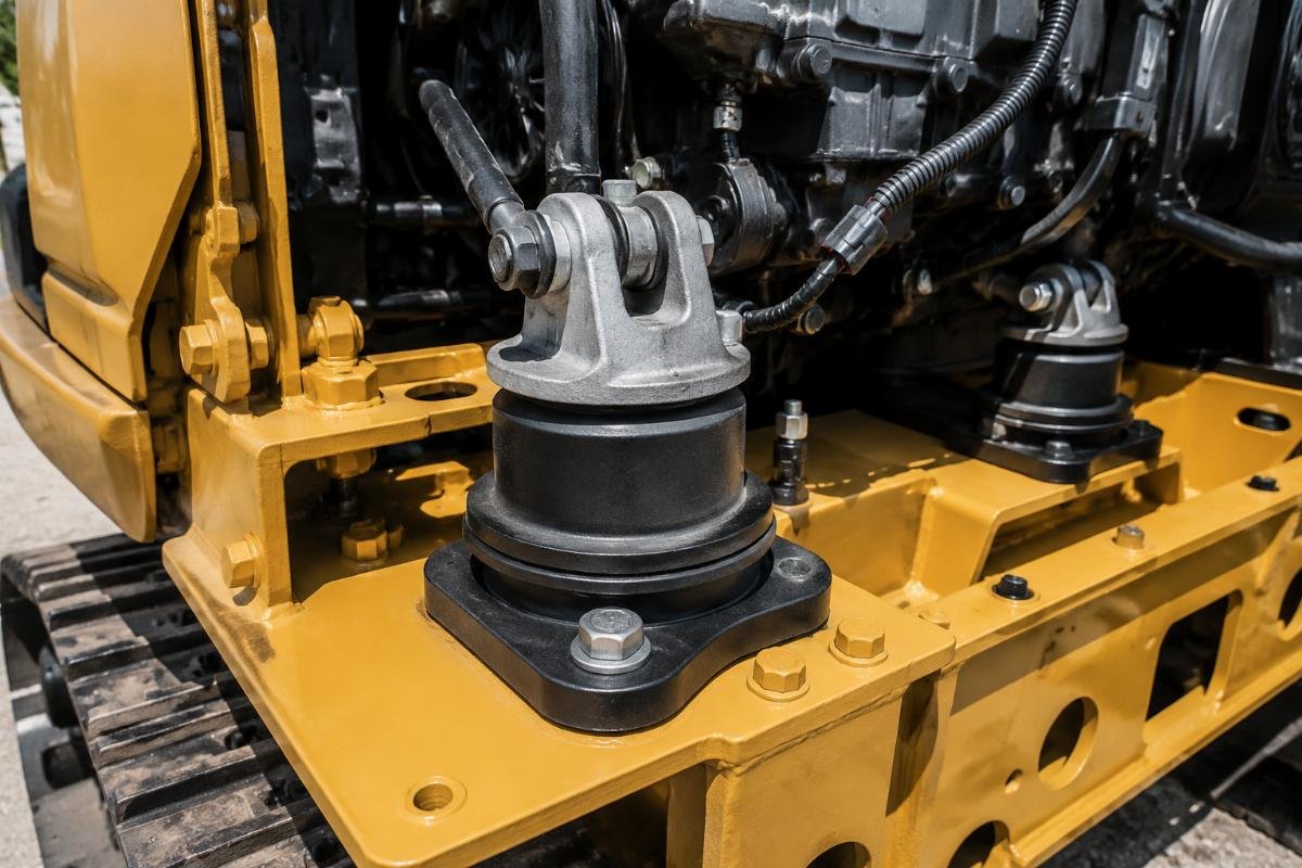Excavator engine mount and cushion damper assembly on a CAT excavator chassis