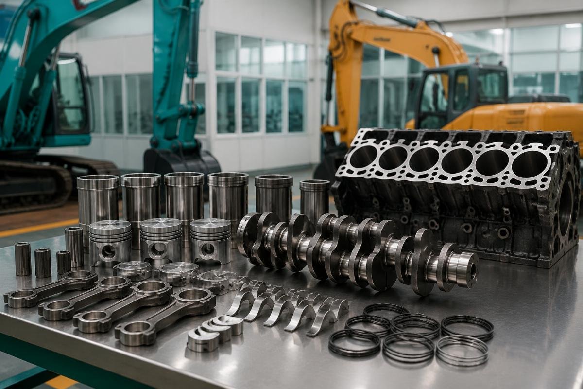 Hino J05E J08E engine parts laid out for Kobelco and Case excavator compatibility testing