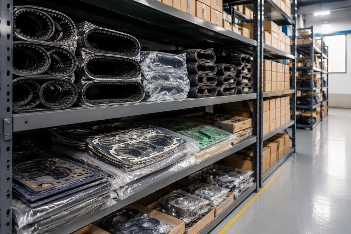 Stacked John Deere compatible belts, gaskets and overhaul kits in a warehouse storage rack
