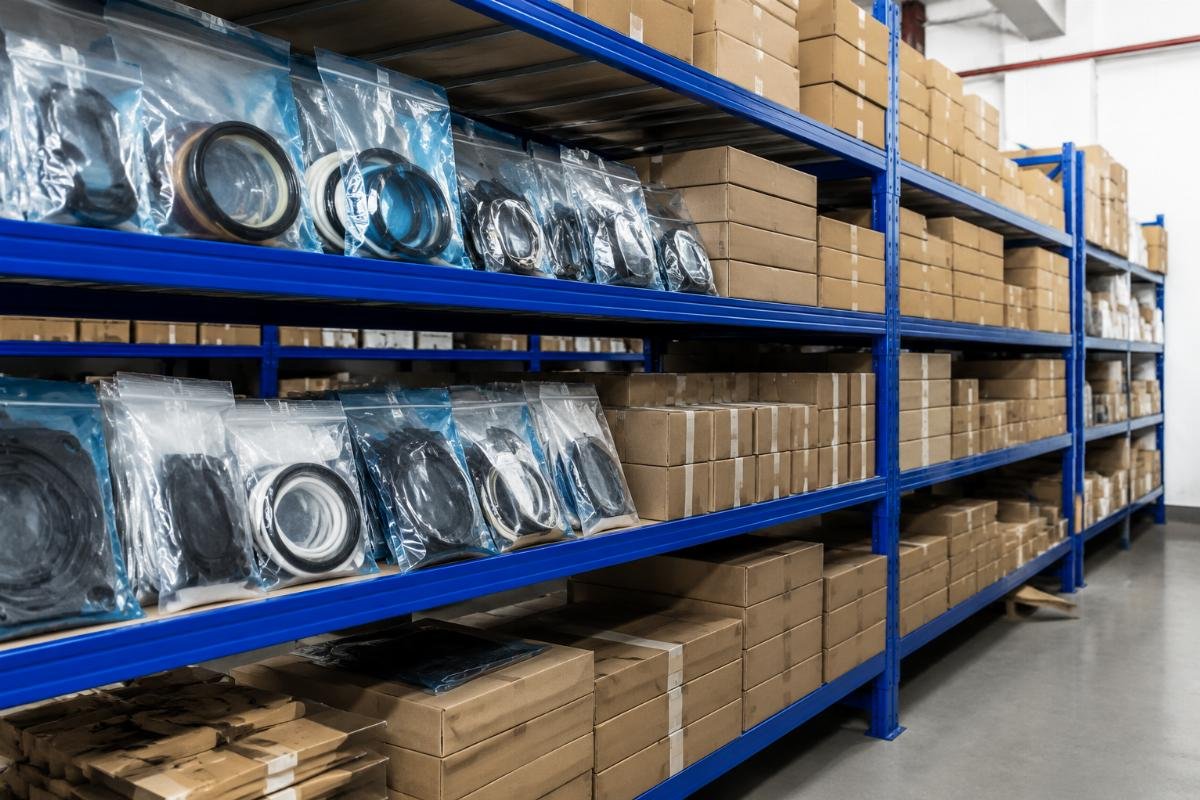 A warehouse shelf neatly stacked with labeled Kobelco SK200, SK260 and SK350 seal kits and engine overhaul kits