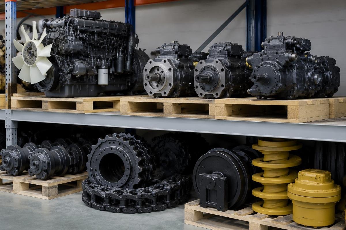 Komatsu PC200-8 core replacement parts laid out on a warehouse shelf