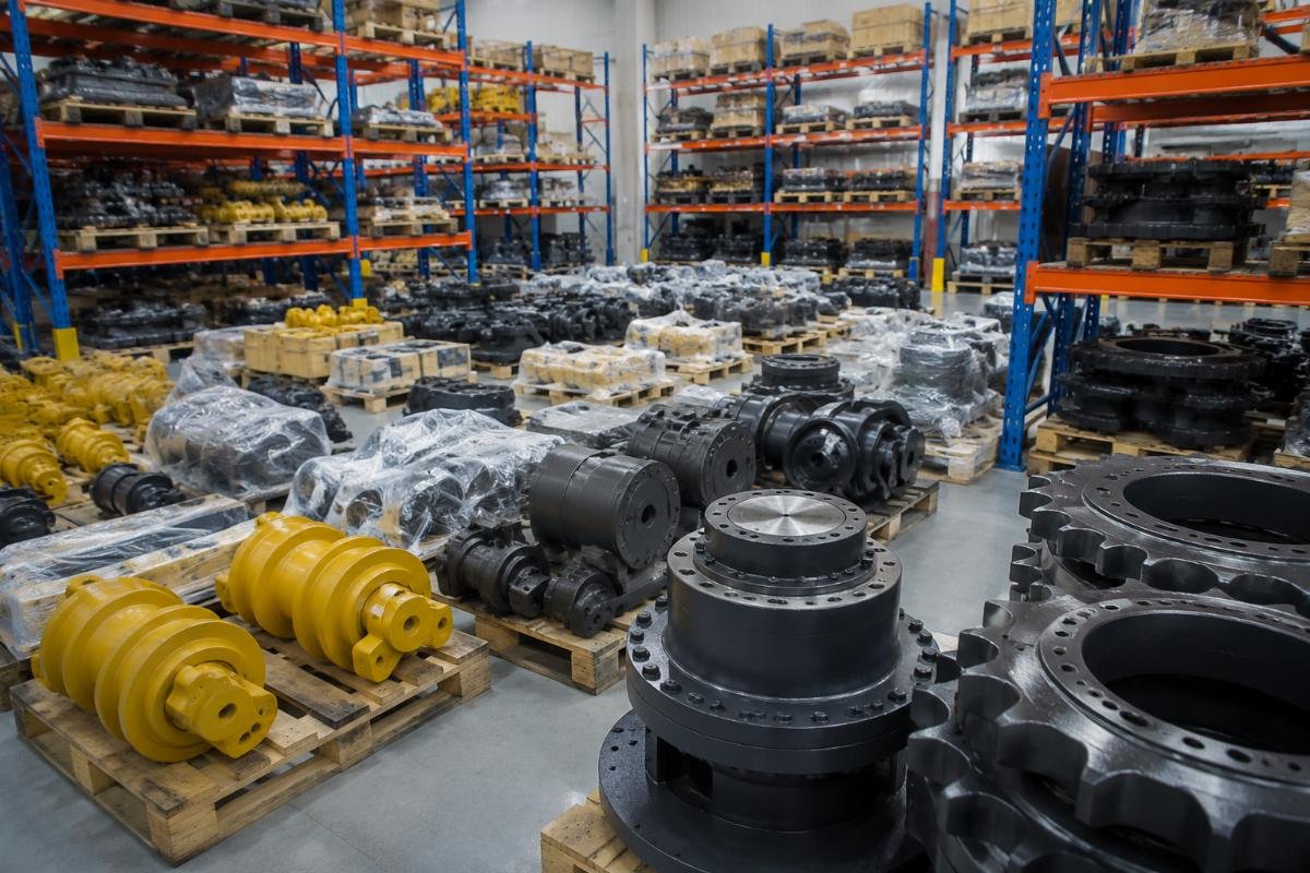 Liebherr excavator parts sorting and storage in a standardized Guangzhou warehouse
