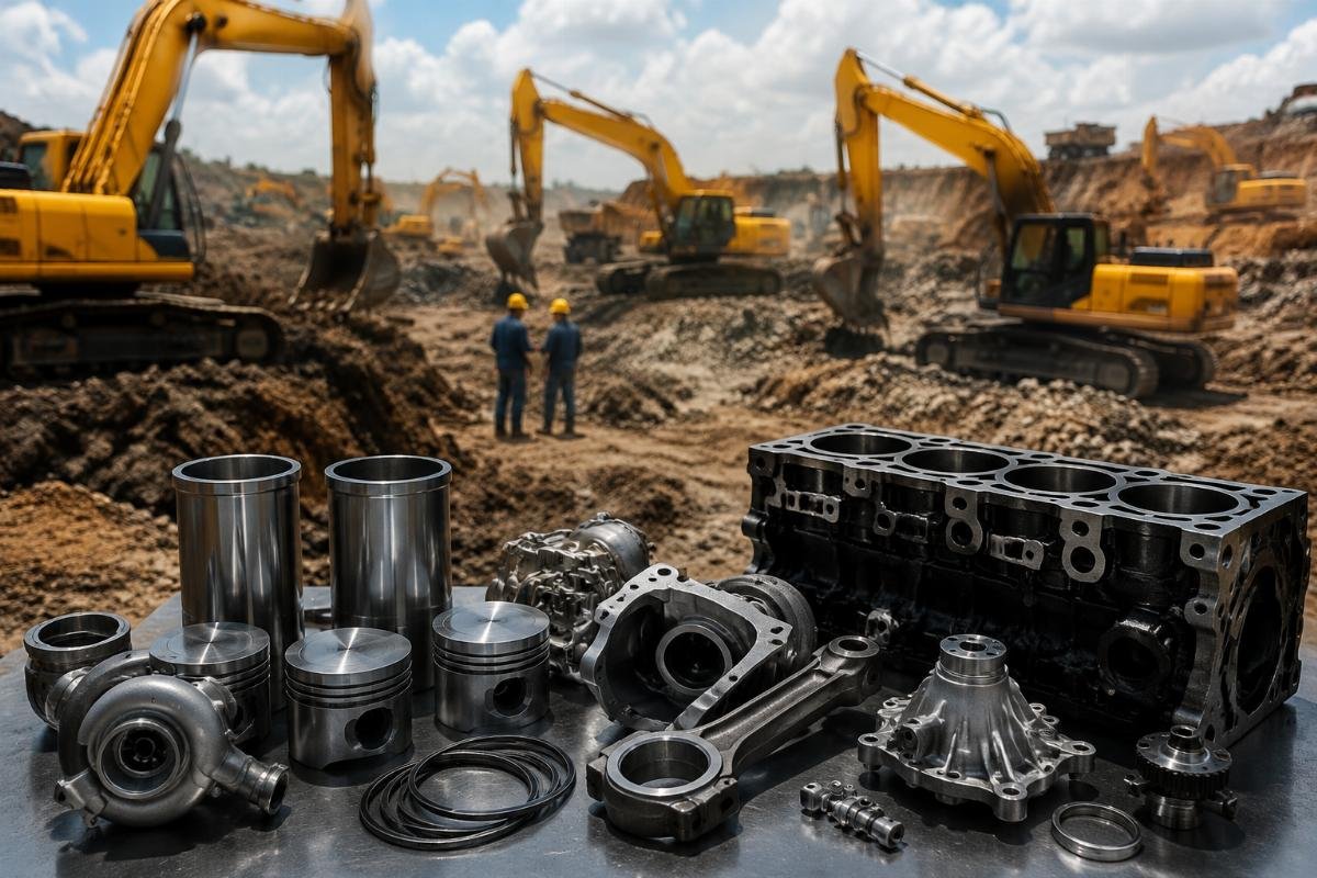 Reliable Mitsubishi engine parts keep construction fleets operational Fleet of excavators operating on a large construction job site
