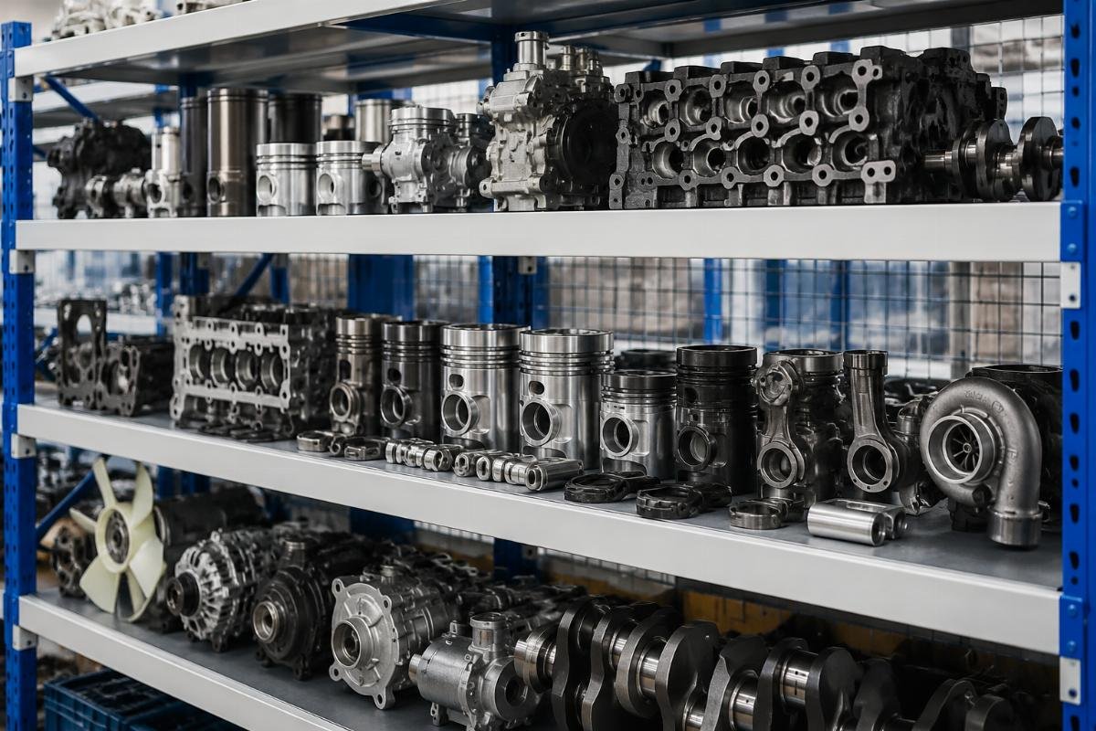 Mitsubishi S4S S6S 4D34 excavator engine parts arranged on a warehouse shelf