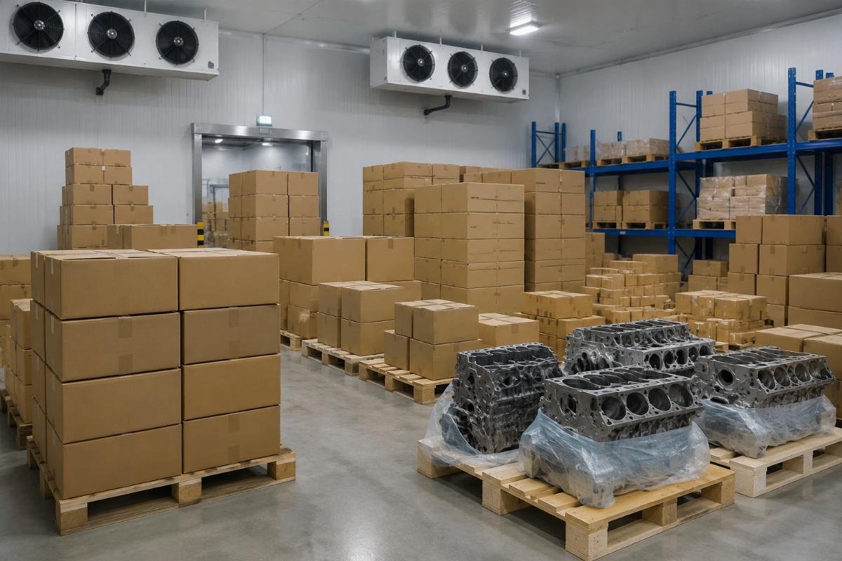 Stacked labeled boxes of Yanmar 3TNV and 4TNV engine components in a temperature-controlled warehouse
