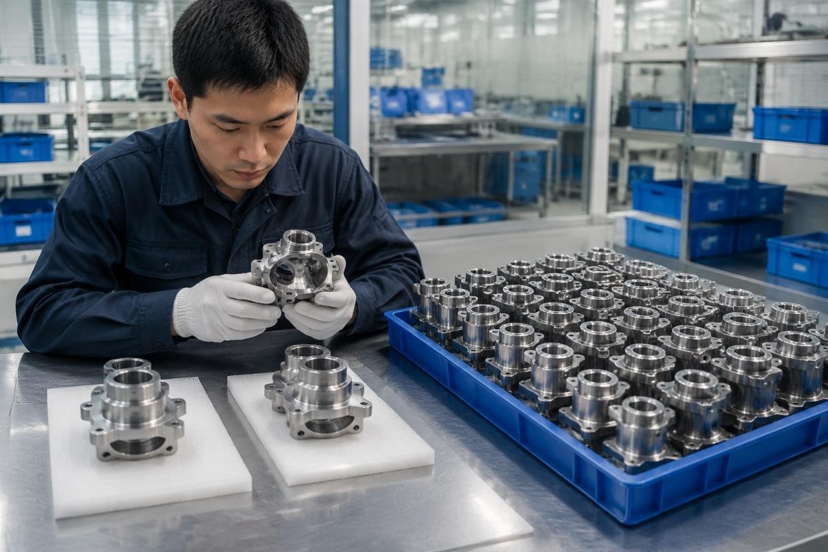 Sample-before-bulk quality verification for mini excavator parts Side-by-side comparison of sample parts and bulk order parts with quality verification labels