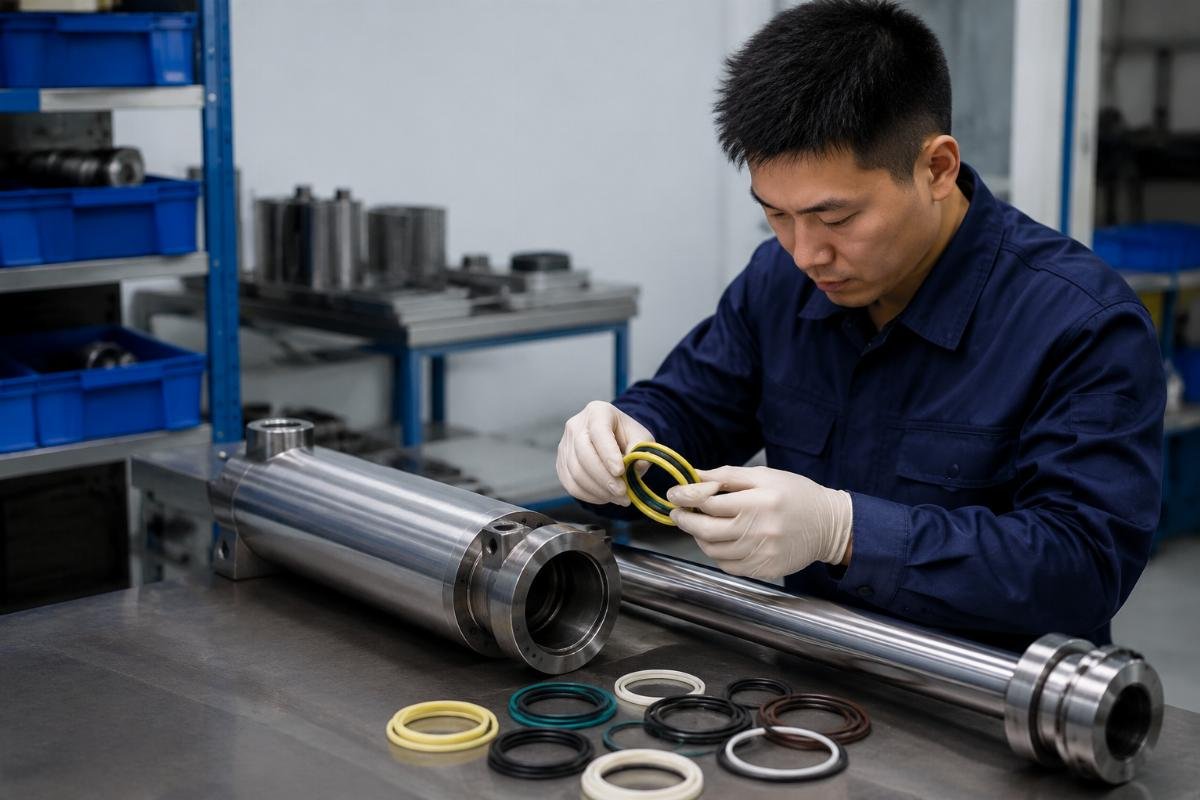 Sample part compatibility testing before bulk order A technician testing a sample SK260 seal kit for fit on a disassembled hydraulic cylinder