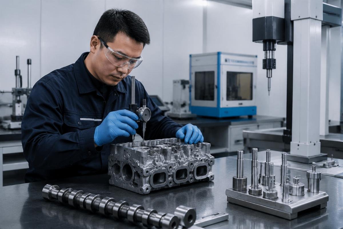 Sample testing confirms Chinese aftermarket parts match OEM quality standards A lab technician testing a replacement Hitachi ZX350 engine component against OEM performance specifications