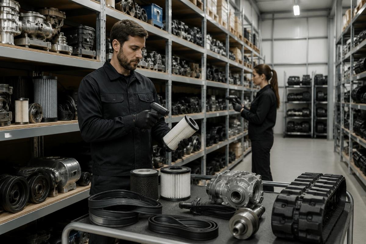 A warehouse of stocked Bobcat skid steer parts including belts, filters and engine components, with staff scanning SKU labels