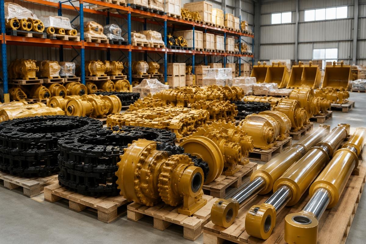 Stored CAT parts ready for international dispatch CAT excavator undercarriage and hydraulic part inventory organized in a Guangzhou warehouse