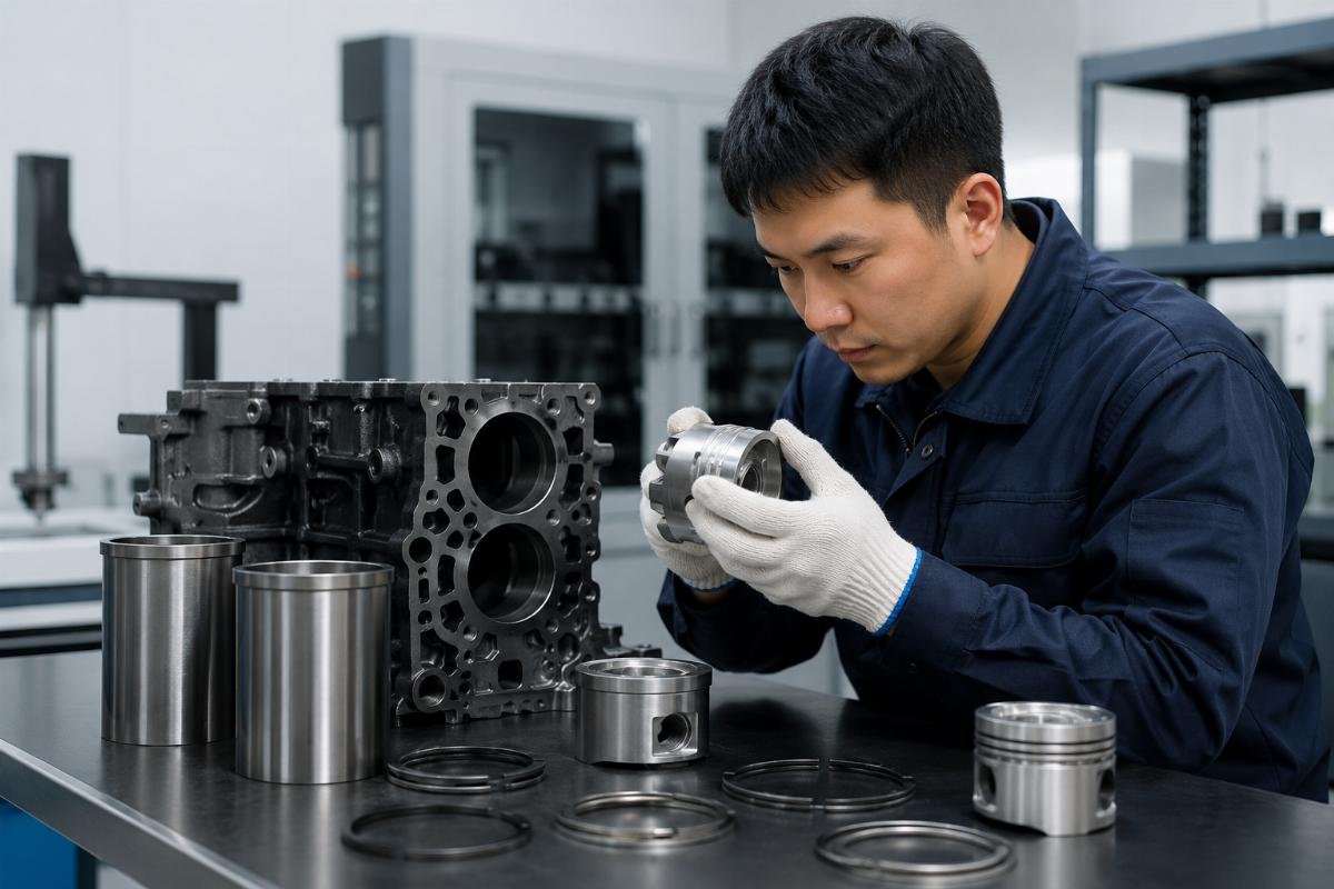 Technician confirming part fit for Kubota engine repair A technician verifying Kubota V2403 engine part compatibility on a workbench