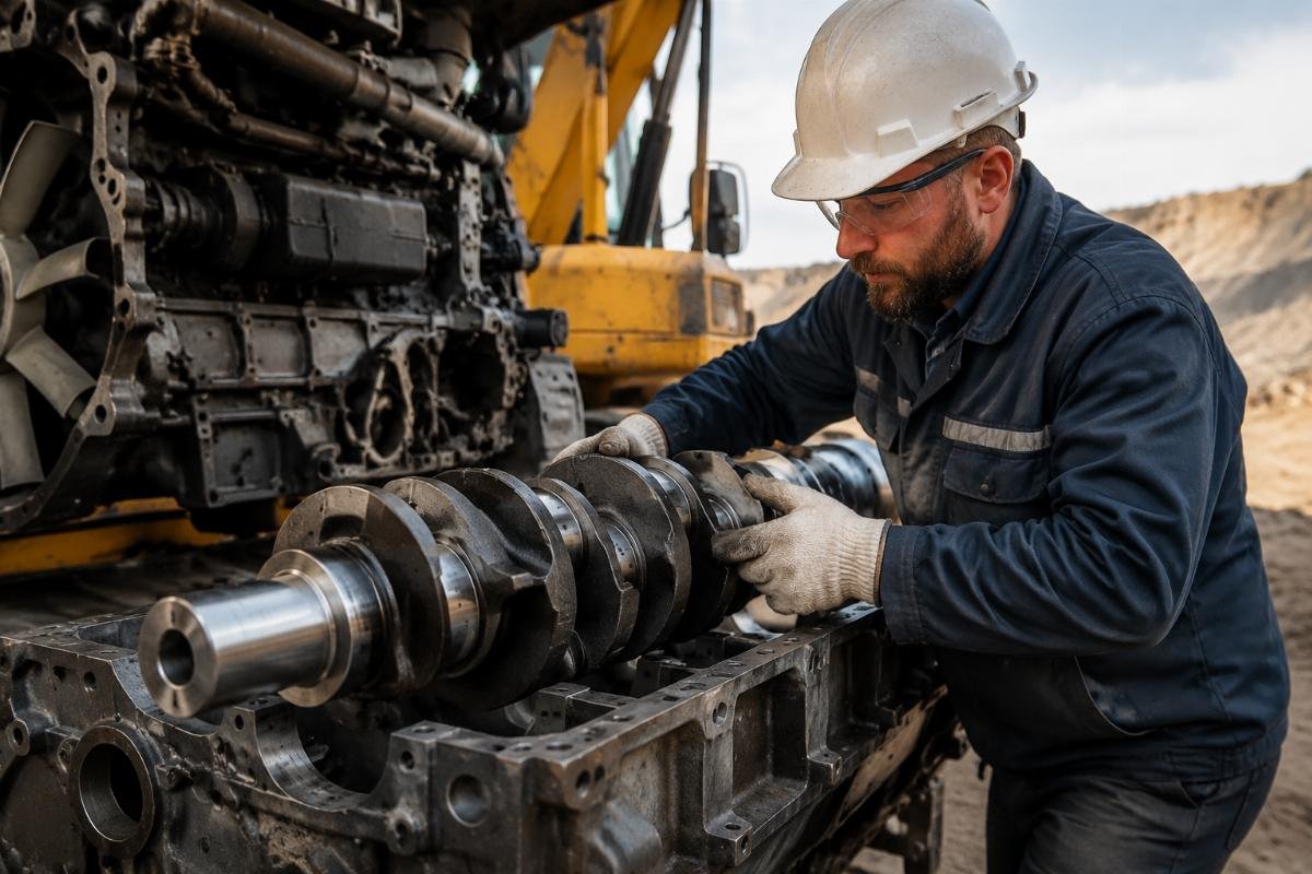 Urgent heavy equipment parts fulfillment Fleet operator technician installing a new Perkins engine crankshaft on a mining site