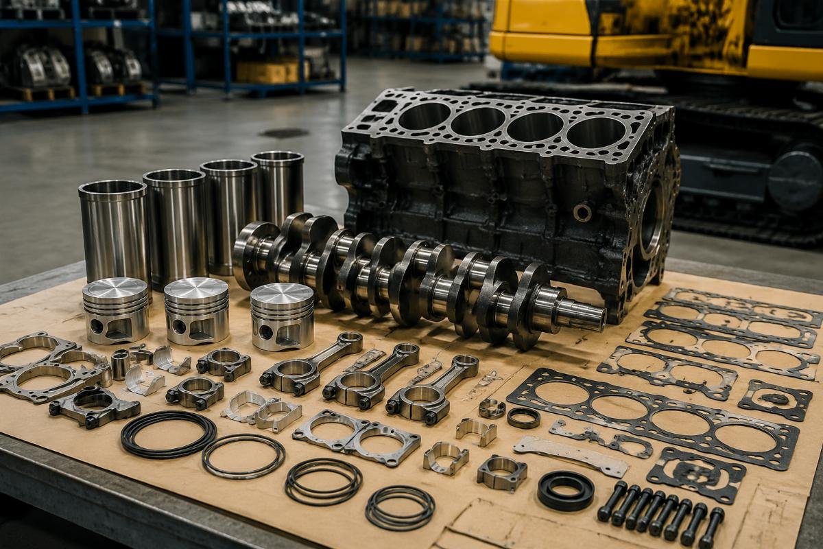 Urgent Komatsu PC200-8 engine parts for job site downtime reduction Komatsu PC200-8 engine overhaul kit laid out for pre-installation inspection