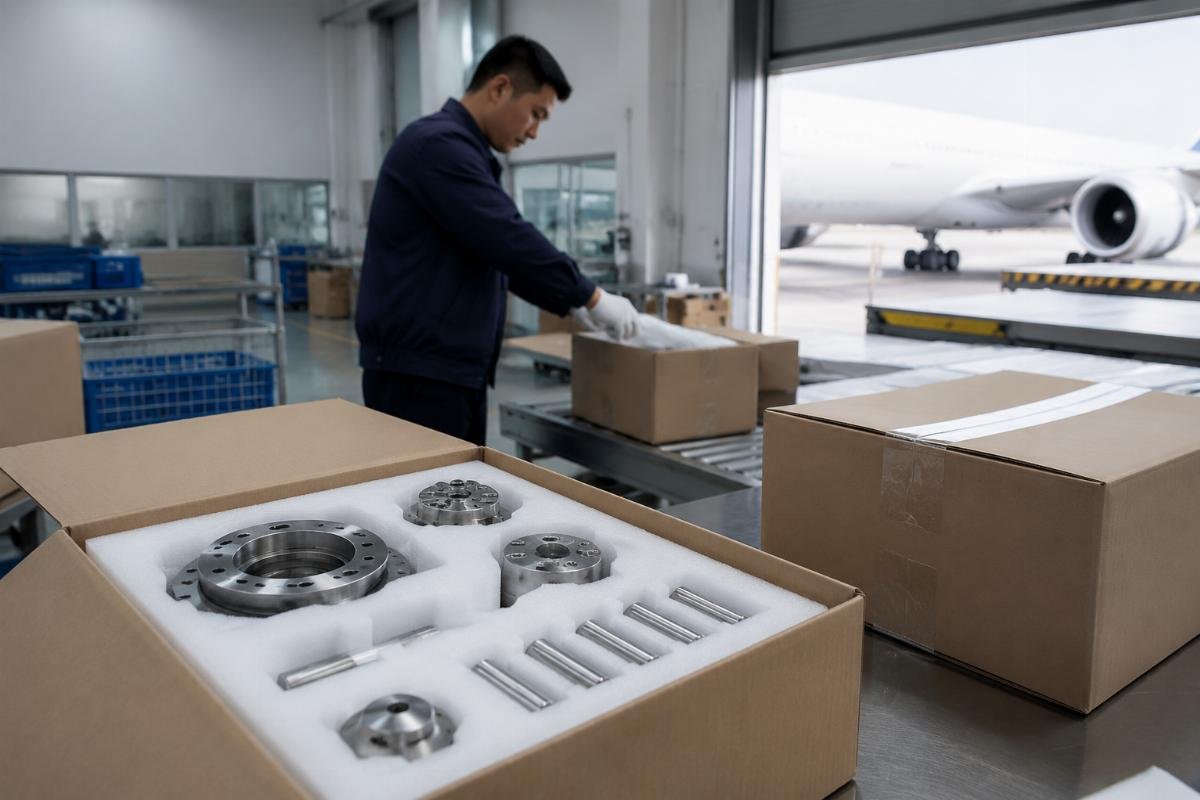 Urgent small batch part dispatch process Urgent small batch Liebherr parts being packed for express air shipment