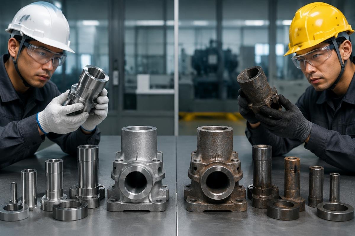 Side-by-side comparison of verified and unvetted heavy equipment aftermarket parts showing quality consistency