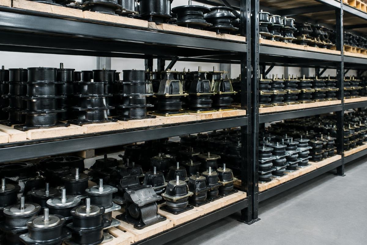 Wide range of excavator vibration control part SKUs Warehouse shelf with stacked excavator cushion dampers and engine mount SKUs