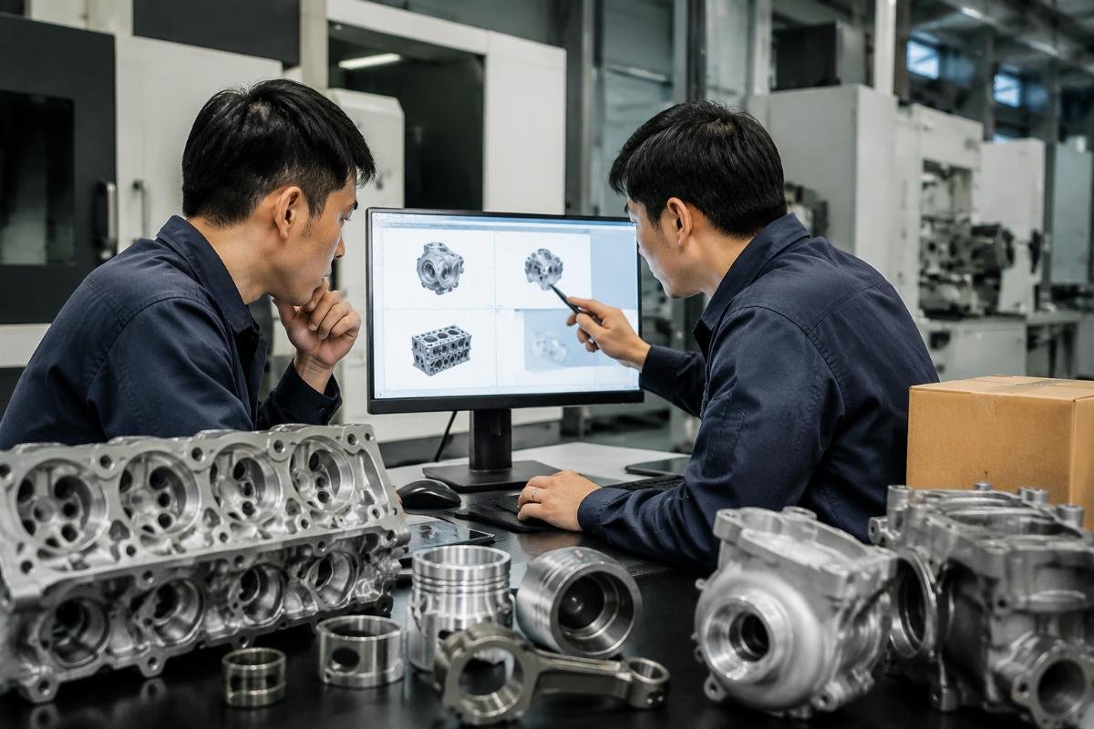 Yanmar part number and model compatibility verification process Two technicians cross-referencing part numbers against a digital inventory database